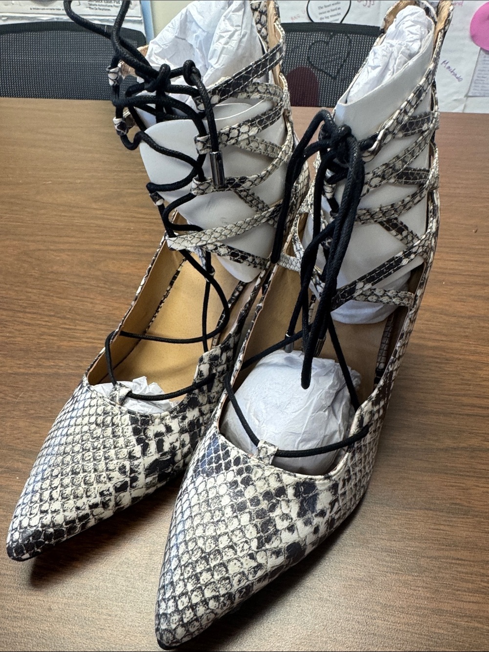 Women's Snake-Print Lace-Up Pointed-Toe Heels - White/Black